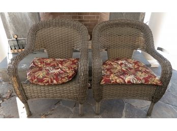 Roll Arm Resin Wicker Chairs W Cushions  - A Pair
