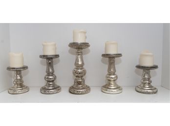 5 Piece Mercury Glass Pillar Candle Holder Set