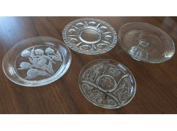 Vintage Frosted, Cut And Depression Glass Serving Plates With Glass Cake Stand