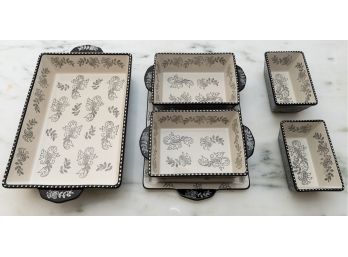 Baum Black & White Ceramic Serving Dishes With Floral & Leaf Design