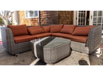 Outdoor Resin Wicker Sectional Conversation Sofa And Matching Glass Topped Coffee Table, Cushions Included