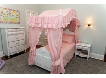 Twin White Canopy Bed With Pink Ruffled Bed Set