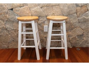 Counter Stools W White Base And Natural Wood Seats - A Pair