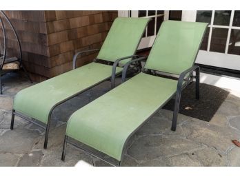 Outdoor Adjustable Reclining  Chaise Lounges W Green Woven Seats And Metal Frames