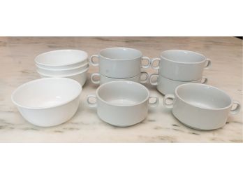 Four Corelle Bowls And Six Double Handled Ceramic Soup Bowls