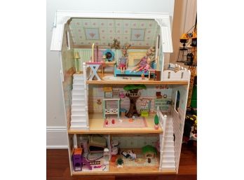 Three Story Doll House W Barbies, Furniture And Accessories