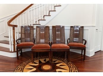 Vintage Chinese Inspired, Bernhardt Furniture Co. Dining Chairs W Original Upholstery & Carved Design