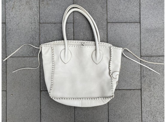 Shelly Litvak White Leather Handbag With Fleur De Lis Design And Linen Fabric Lining