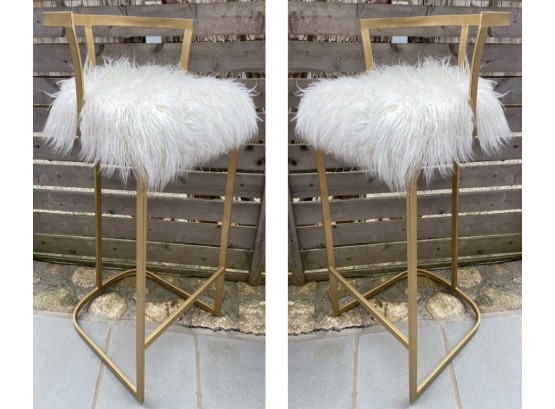 Pair Of Brass Counter Stools With Shearling Seat Covers