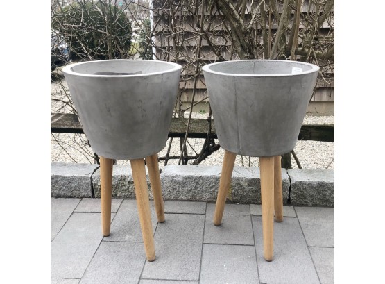Pair Of Footed Faux Ceramic Planter Pots