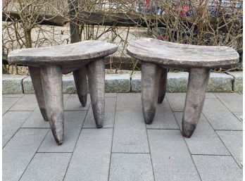 Pair Of Carved Weathered Wood Outdoor Seat Stools