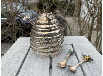 Silver Plate Honey Pot With Dripper And Spoons