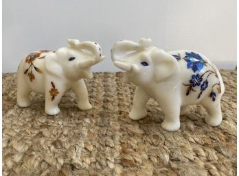 Pair Of Marble Elephant Figurines With Abalone Shell Inlay