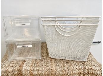 Bundle Of Wire Baskets And Acrylic Storage Containers