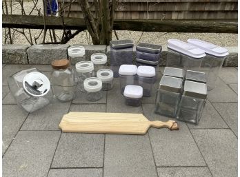 Large Bundle Of Glass And Acrylic Storage Canisters And Cutting Board