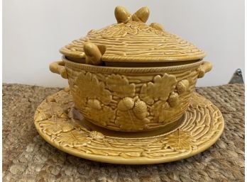 Sur La Table Golden Acorn And Oakleaf Plated Casserole With Lid And Spoon