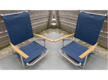 Pair Of Navy Woven Adjustable Beach Chairs Telescope Casual