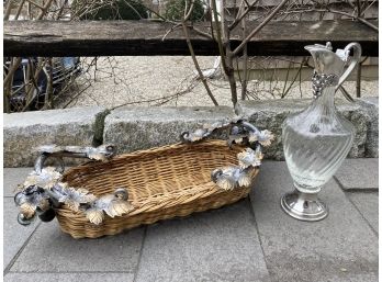 Decorative Woven Bread Basket With Art Glass Grapes And Glass Decanter