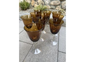 Set Of 10 Dark Amber Stemmed Glass Goblets