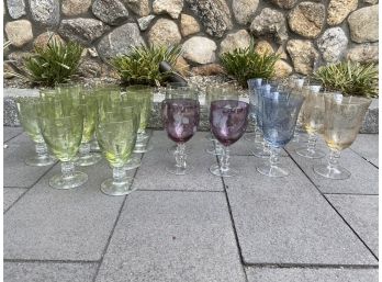 Fabulous Set Of Vintage Etched Colored Glassware