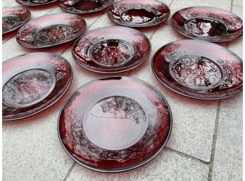 Vintage Inspired Red Etched Glass Dessert Plates