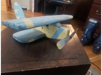 Vintage Home Made Wooden Bi-Plane With Country Of Sweden Colors.