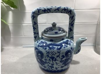 Blue And White Porcelain China Tea Pot, Asian, Antique