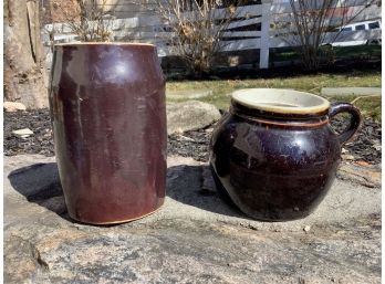 Antique Brown Ceramic Container With Handle And Stripe