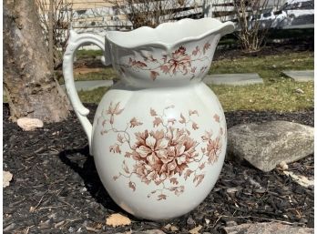 Transferware White Pitcher With Brown Floral Pattern