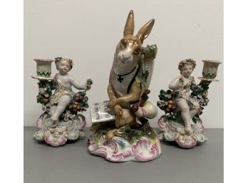 Antique Fine Porcelain  Cherub Candlesticks & Large Rabbit Figure  -Possibly Dresden -