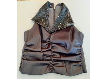 Super Stylish Joseph Ribkoff Sleaveless Evening Wear In Metallic Gray With Sequin Collarr