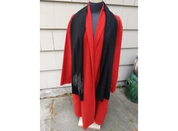 Eileen Fischer Red Wool Coat With Black And Silver Scarf.