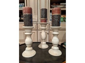 Three Unused Candles With Off- White Wooden Candle Holders