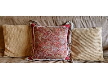 3 Throw Pillows  2 Cozy Soft Tan Chenille  One Paisley In Striking Colors And Ruffled  Trim.