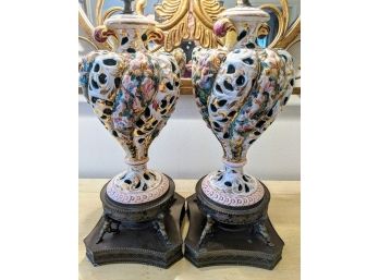 Pair Of Exceptional Vintage Capodimonte Style Cherub Reticulated Lamps - Very Rare
