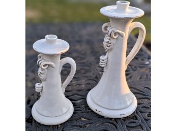 Set Of 2 White Ceramic Candlesticks Made In Italy