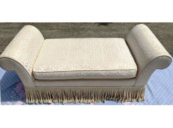 High End Custom-Made 'Roll Arm' Bench Upholstered With Cream Damask Designer Fabric And Bullion Trim