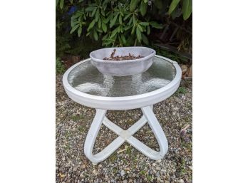 Small Outdoor Side  Table White Aluminum And Glass With Pretty Pearlized Planter For Your Garden