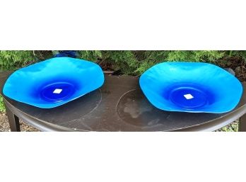 Two Blue Opalescent Glass Bowls With Wavy Edges - Still With Tags, From Pier One - Brand New!