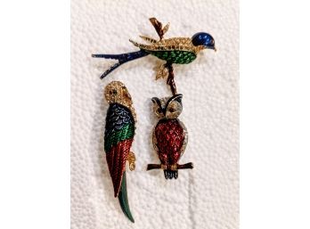 3 Colorful Vintage Enamel And Rhinestone Bird Pins
