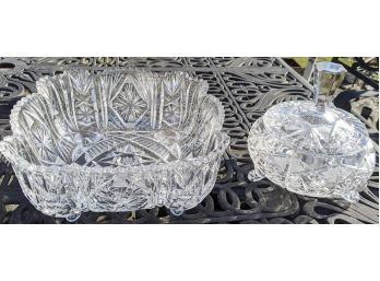 Two Antique Heavy Footed Cut Crystal Bowls One With Lid