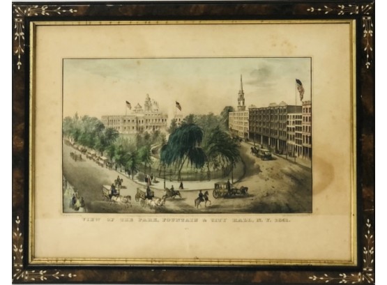 N. Currier Lithograph, 'View Of The Park, Fountain & City Hall, N.Y., 1851'