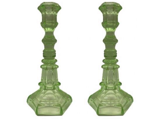 Green Depression Glass Candlesticks