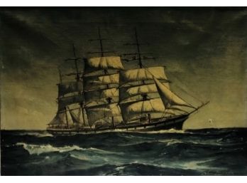 Antique Oil On Canvas Of A Tall Ship