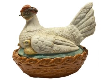 Large Hen & Twin Chicks In A Basket Candy Dish