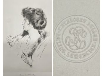 Paul Cesar Helleu Heliograph 'Portrait  De Mlle. F. Rops' With French Studio Blind Stamp