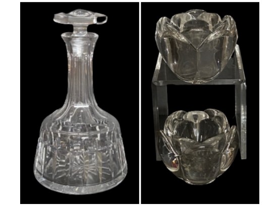 Decanter And Two Heavy Glass Candlesticks