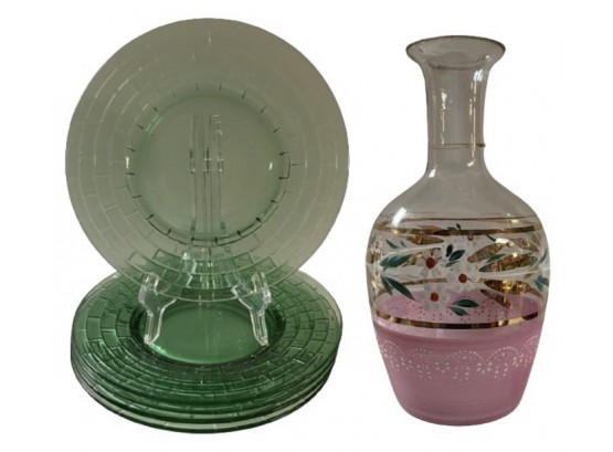 Gorgeous Green Depression Glass Plates & Painted Vase