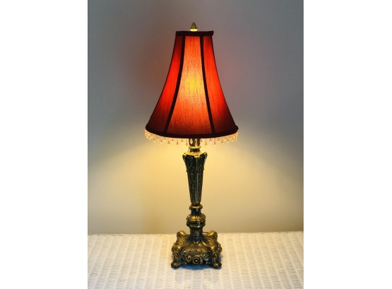 Table Lamp With Beaded Red Silk Shade