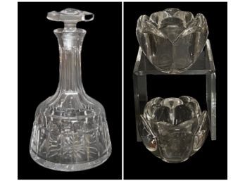 Decanter And Two Heavy Glass Candlesticks